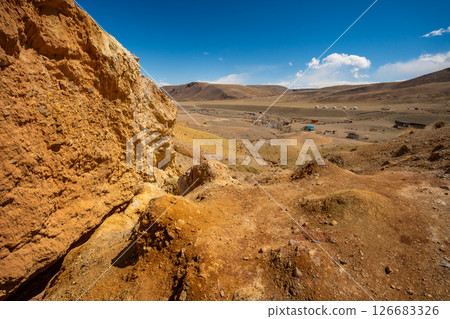 Panoramic view of red and yellow mountains with canyons and gorges at Mars Altai Russia. Popular tourist destination showcasing unique colorful geological formations. 126683326