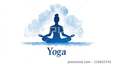 Peaceful yoga concept with meditating woman and artistic cloud-like watercolor background 126683742