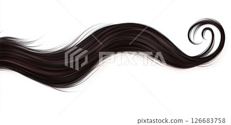 Flowing dark brown hair strand with elegant curl, detailed smooth texture, on white background 126683758