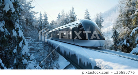 Winter Transport Concept: Sleek Train Crossing Icy Bridge in Snowy Mountain Forest 126683776