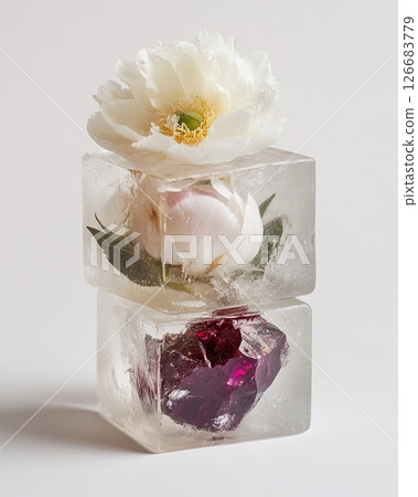 Minimal floral concept with ice cubes and soft peony flowers, fresh and elegant nature composition 126683779