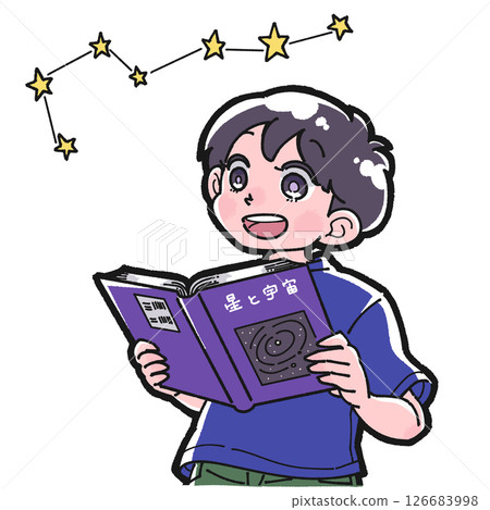 一個男孩正在看星象百科全書的插圖 一個男孩正在看星象百科全書的插圖 126683998