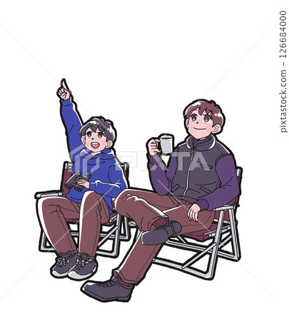父母和孩子坐在椅子上望著天空的插圖 126684000