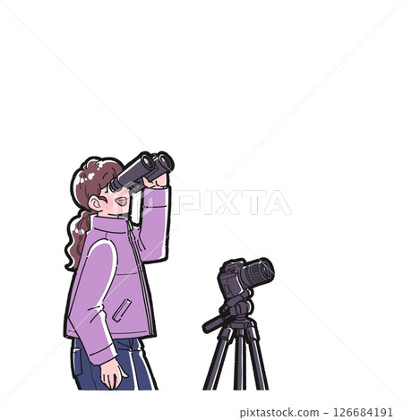 一位女士用相機拍攝夜空的插圖 126684191