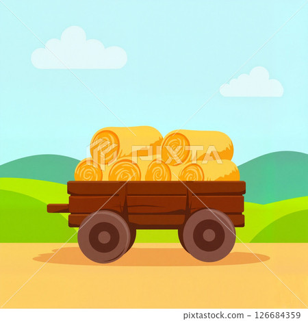 Rustic hayride wagon filled with hay bales, country landscape 126684359
