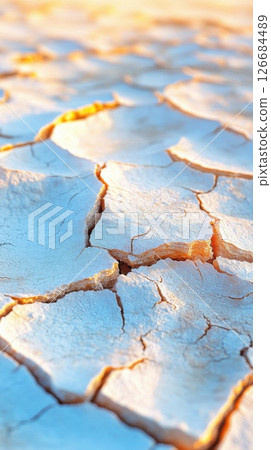 Cracked arid ground surface with flowing water showcasing bright tones in detailed close up 126684489