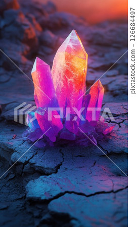Glowing crystal emerges from cracked muddy ground in vibrant colors 126684497