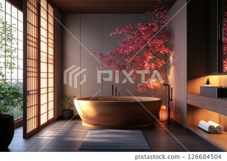 Japanese inspired bathroom with a deep wooden soaking tub and serene ambiance 126684504