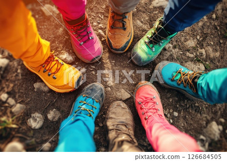 Friends unite in colorful hiking boots on a scenic trail during an outdoor adventure 126684505