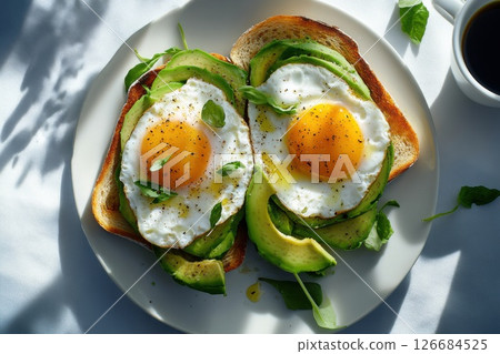 Bright breakfast table with avocado toast eggs and coffee in the morning light Bright breakfast table with avocado toast eggs and coffee in the morning light 126684525
