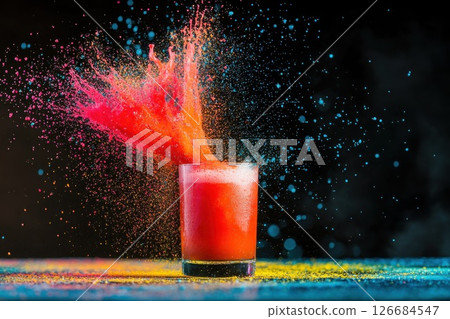 Dynamic cocktail shaker mid air with vibrant liquid splashing against a dark backdrop 126684547