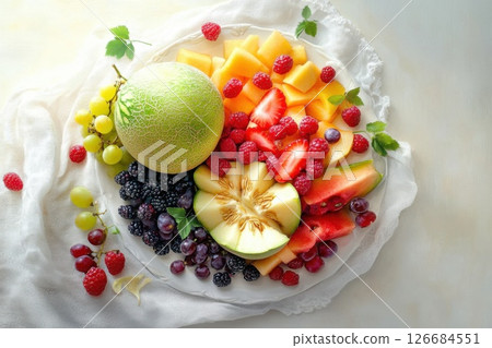 Bright and colorful fruit platter arrangement featuring berries melons and grapes 126684551