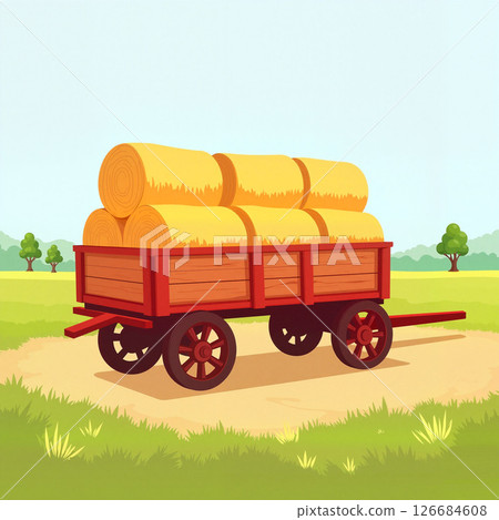 Classic hay wagon loaded with golden bales in green field, harvest 126684608