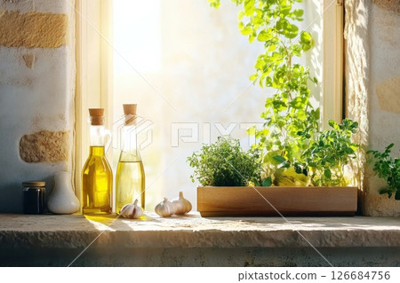 Fresh herbs and garlic on a rustic kitchen counter with olive oil in sunlight 126684756