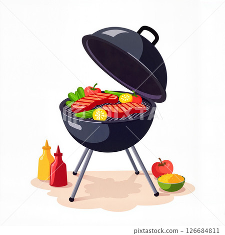 Charcoal barbecue grill with sizzling steaks and veggies, summer cookout 126684811