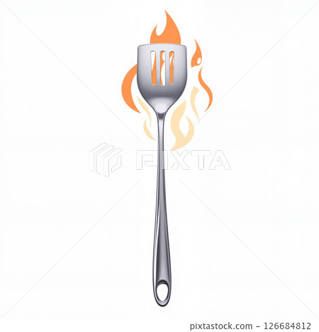 Sleek stainless steel grilling spatula with flames, modern kitchen tool 126684812