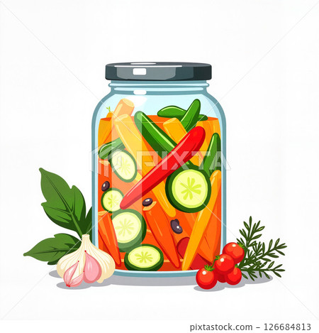 Colorful vegetables in jar on white background, fresh preservation 126684813