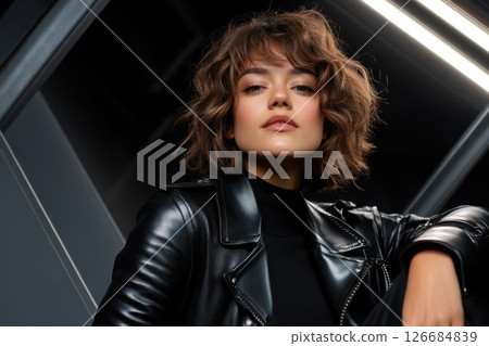 Model showcasing sleek leather belt in soft lighting within minimalistic setting Model showcasing sleek leather belt in soft lighting within minimalistic setting 126684839