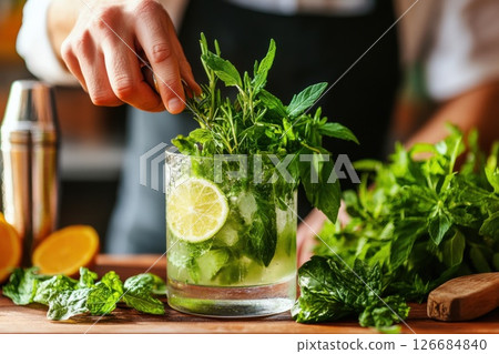 Bartender garnishing vibrant cocktail with fresh herbs in a lively bar setting Bartender garnishing vibrant cocktail with fresh herbs in a lively bar setting 126684840