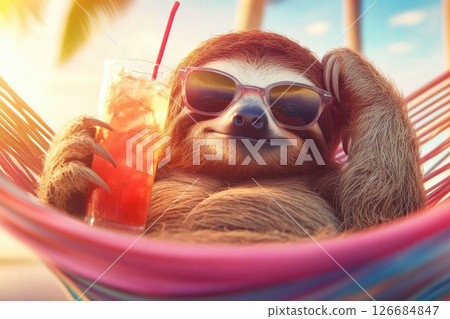 Relaxing sloth in hammock enjoys cocktail under bright sunshine 126684847