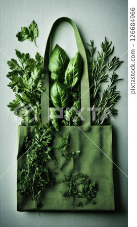 Fresh herbs arranged in a grocery bag on a light background for culinary inspiration 126684966