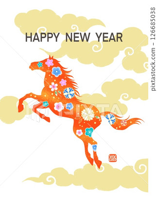 新年賀卡 2026 馬年 帶有馬插圖的時尚新年賀卡 日式圖案 花卉圖案 新年賀卡 2026 馬年 帶有馬插圖的時尚新年賀卡 日式圖案 花卉圖案 126685038