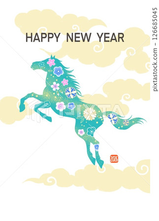 新年賀卡 2026 馬年 帶有馬插圖的時尚新年賀卡 日式圖案 花卉圖案 126685045