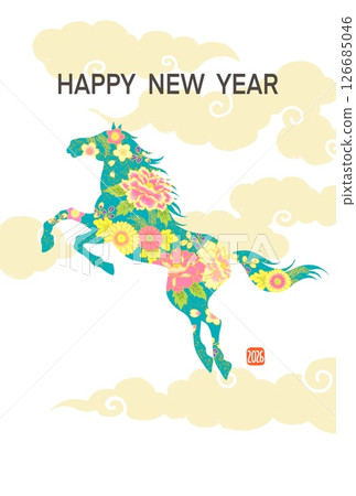 新年賀卡 2026 馬年 帶有馬插圖的時尚新年賀卡 日式圖案 花卉圖案 126685046
