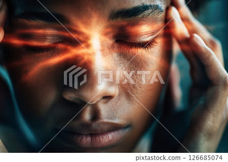 Woman experiencing migraine aura with visual distortions, eyes closed, hands on temples, conveying intense discomfort and emotional struggle 126685074