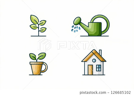 Green plant growth illustration with watering can, potted plant, and house, symbolizing nurturing and home gardening concepts in a vibrant design 126685102
