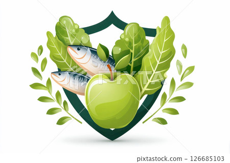 Colorful flat illustration featuring green apple, fish, and leafy greens within a shield design, symbolizing health and nutrition concepts Colorful flat illustration featuring green apple, fish, and leafy greens within a shield design, symbolizing health and nutrition concepts 126685103