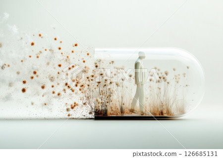 Conceptual illustration of a person walking inside a transparent capsule, surrounded by allergy triggers like pollen and dust, symbolizing health challenges 126685131
