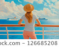 Young woman wearing straw hat admires sea while standing on deck of cruise ship. Rear view. 126685208