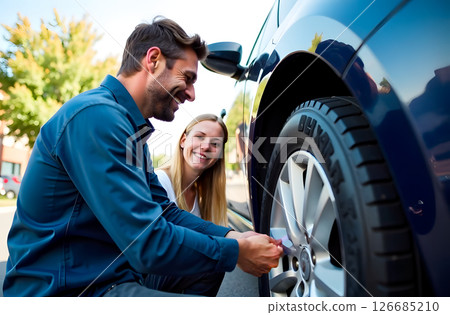 A man helps an unfamiliar woman repair her car on the side of the road 126685210