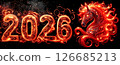 Figures 2025 and red horse with flaming mane decorated with gold patterns and gems. Banner. Chinese New Year 126685213