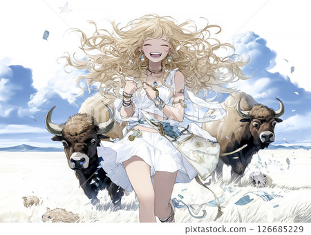 Illustration material of a smiling buffalo fairy chasing a cat on the plains Illustration material of a smiling buffalo fairy chasing a cat on the plains 126685229