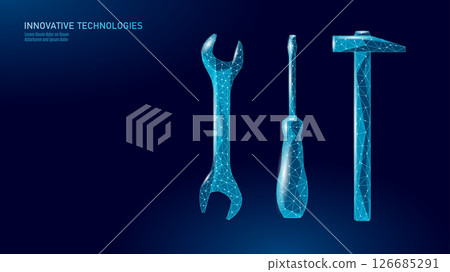 Tools set low poly design. Repair equipment service instrument modern style. Construction industry home improvement renovation technology. Blue dark background vector illustration 126685291