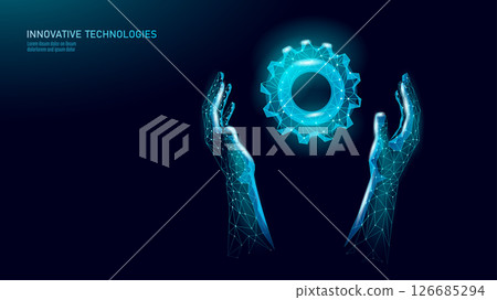 Digital hands holding cogwheel illustration. Polygonal arms support gear symbol technology. Engineering manufacturing solutions innovation development. Blue gradient dark vector background 126685294