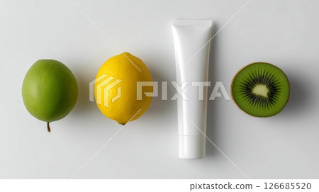 Fresh fruit still life featuring lemon, kiwi, and blank skincare product on a white background for beauty and nutrition 126685520