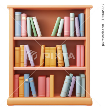 Bookshelf 3d icon clipart cartoon isolated on white background, PNG transparent. 126685667