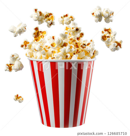 Popcorn burst from container and float in air isolated on white background, PNG transparent clipart. 126685710