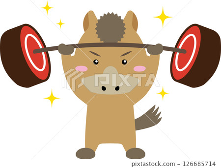 獨特的十二生肖插圖，描繪了正在做肌肉訓練的馬和一根肉槓鈴 126685714