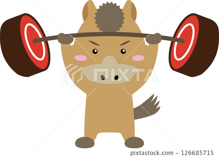 A unique zodiac illustration of a horse character doing muscle training and a meat barbell A unique zodiac illustration of a horse character doing muscle training and a meat barbell 126685715