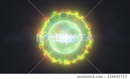 Bright neon green glowing sphere with energy waves and light flares, radiating a futuristic digital effect 126685723
