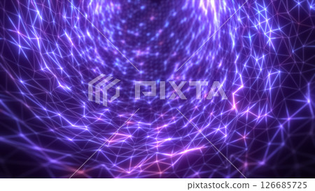Abstract purple wireframe tunnel with glowing orange highlights forming a swirling energy field Abstract purple wireframe tunnel with glowing orange highlights forming a swirling energy field 126685725