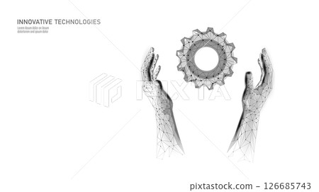 Gear and hands abstract illustration. Digital hands holding cogwheel modern concept. Engineering automation industry manufacturing teamwork. Low poly polygonal white background vector 126685743