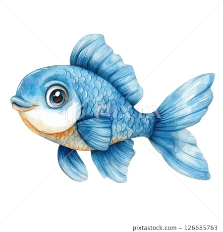 Blue fish cute cartoon watercolor painting isolated on white background, PNG transparent. 126685763