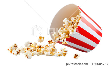 Popcorn pour from paper bowl transparent PNG isolated on white background. 126685767