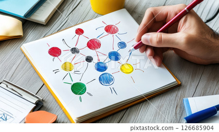 Hand sketching organization chart on notepad in business. Hand sketching organization chart on notepad in business. 126685904