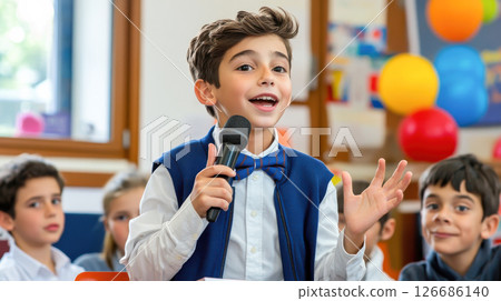 Boy present speak in English language course classroom in school. Boy present speak in English language course classroom in school. 126686140